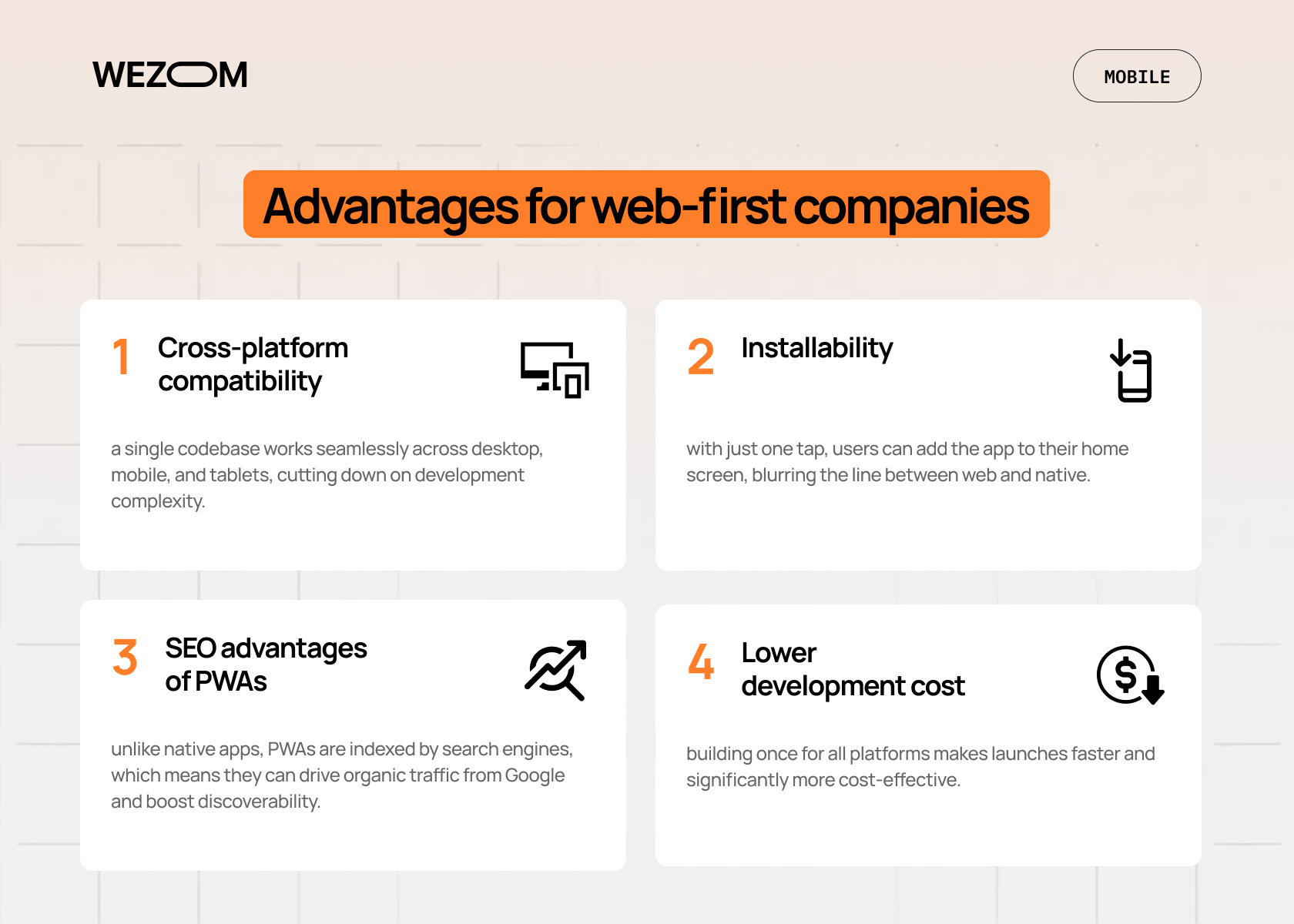 Advantages for web-first companies — PWA benefits such as cross-platform compatibility, installability, SEO advantages, and lower development cost in native vs web app comparison.